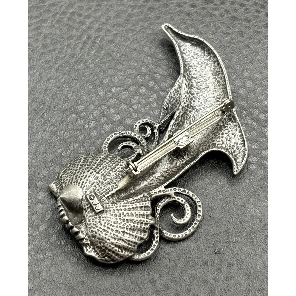JJ Jonette Pewter Dolphin & Seashell Brooch Pin with Glitter Enamel Accents